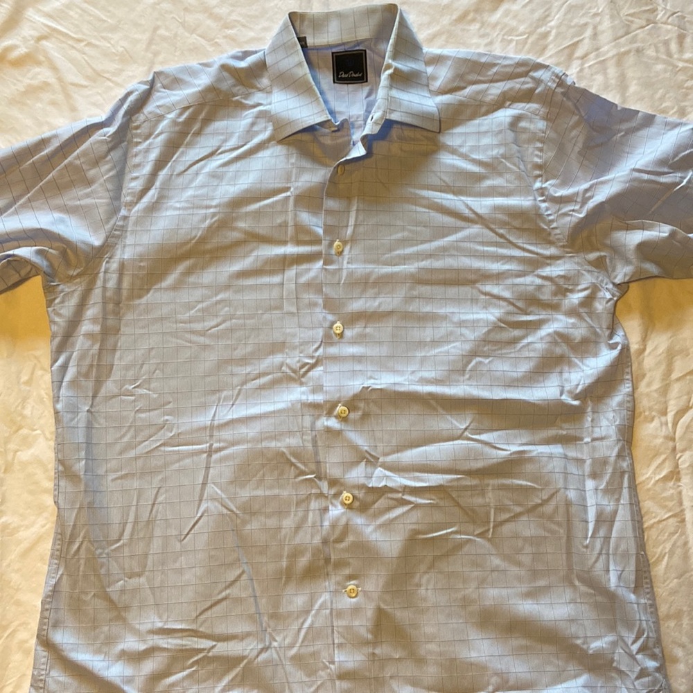 David Donahue French cuff windowpane blue dress shirt 17 34/35